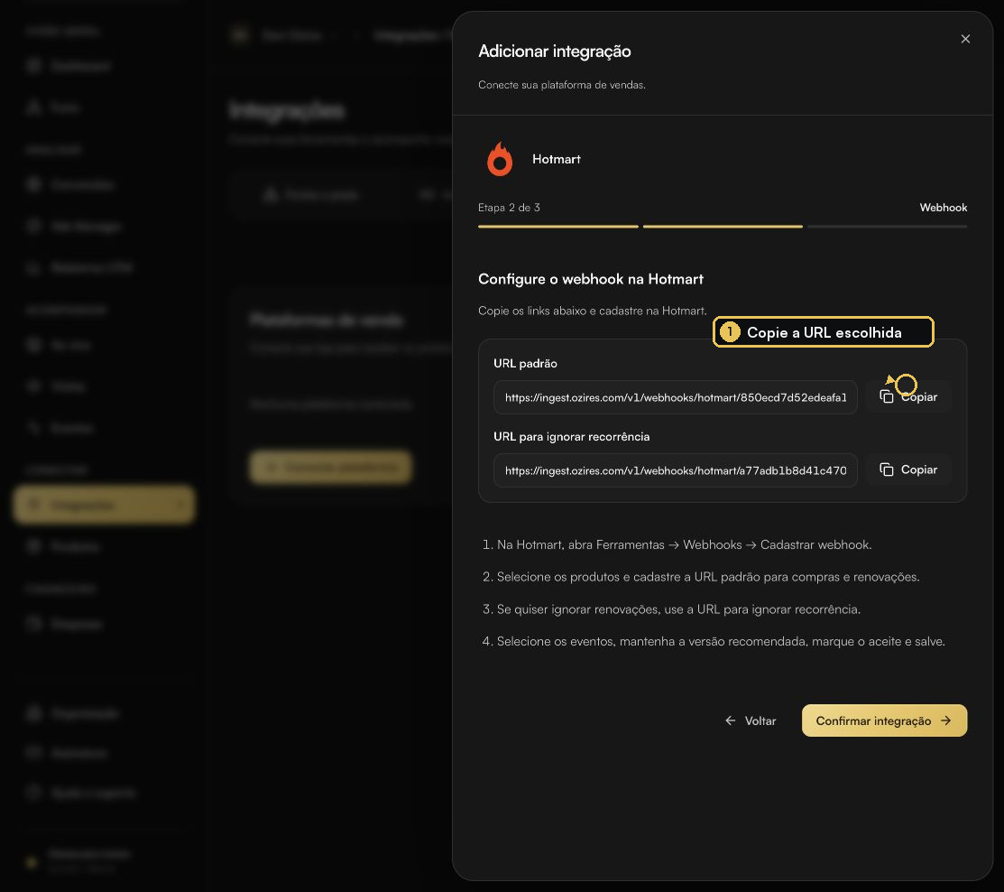 Tela do Ozires com a URL padrão e a URL para ignorar recorrência