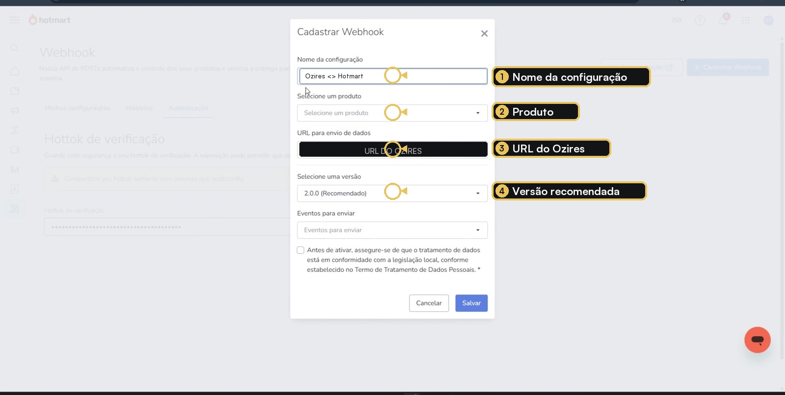 Formulário de cadastro de webhook da Hotmart com nome, produto, URL do Ozires e versão destacados