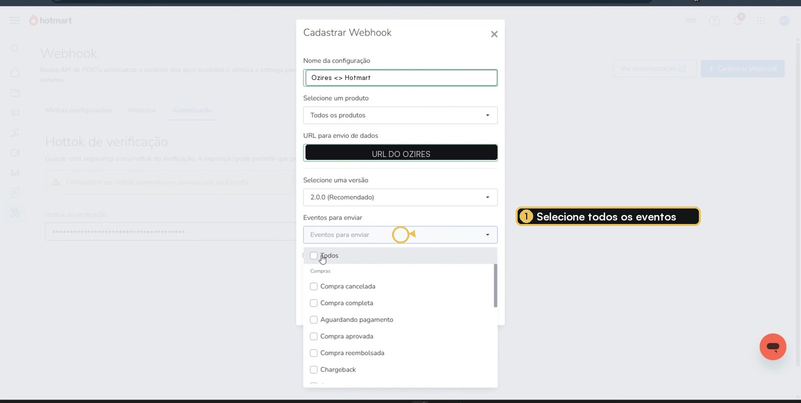 Seleção de eventos do webhook da Hotmart