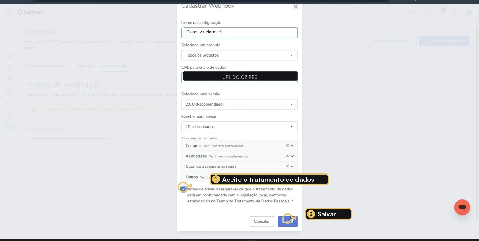 Confirmação e botão Salvar do cadastro de webhook da Hotmart