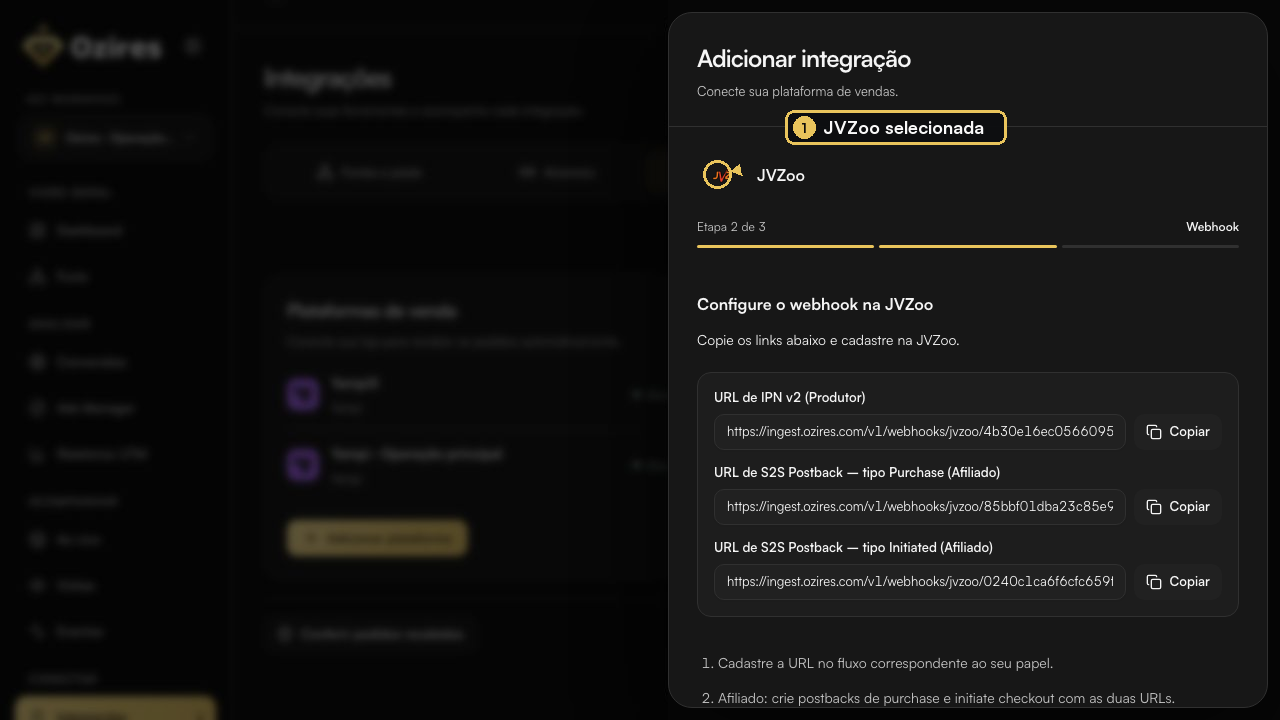 Configuração da JVZoo aberta no Ozires