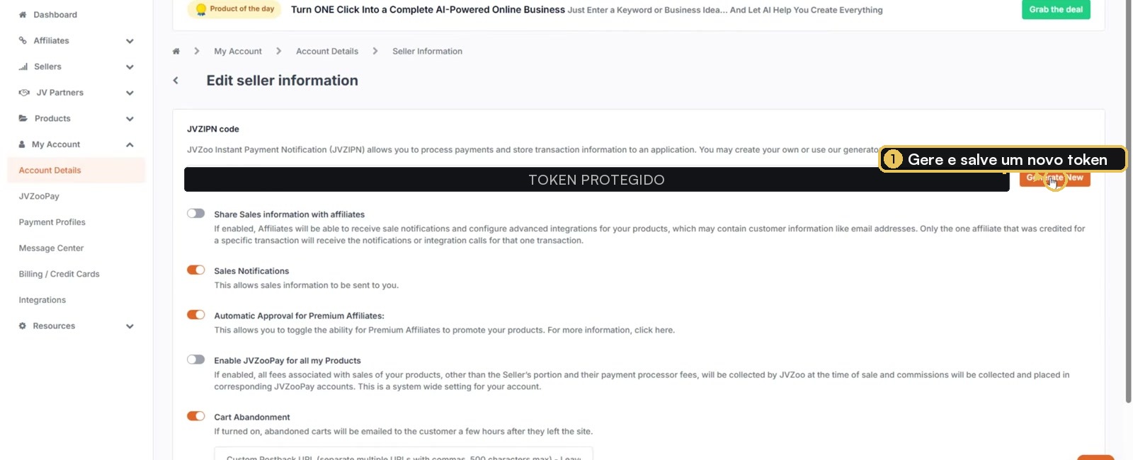 Seller Information da JVZoo com token protegido e botão Generate New