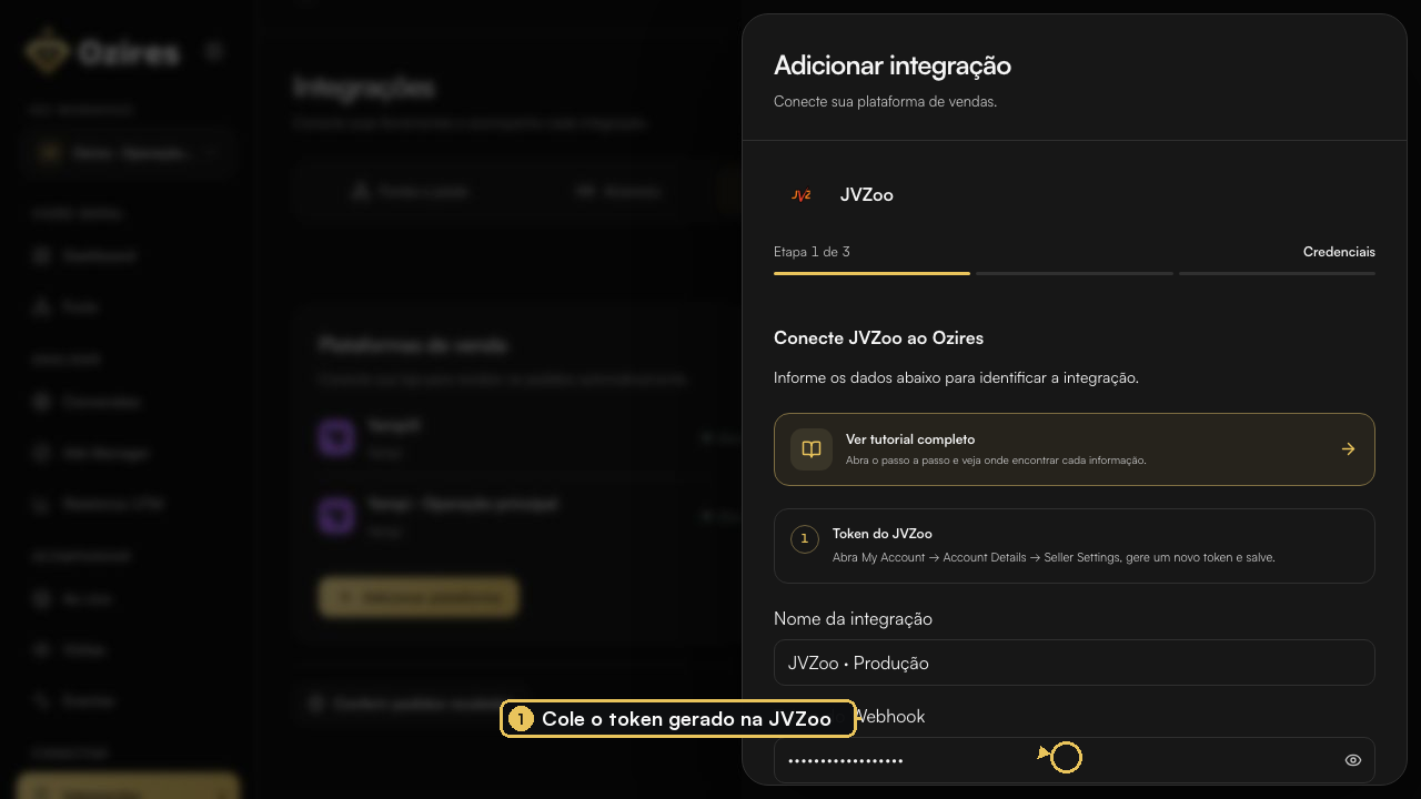 Formulário JVZoo no Ozires com Token do Webhook destacado