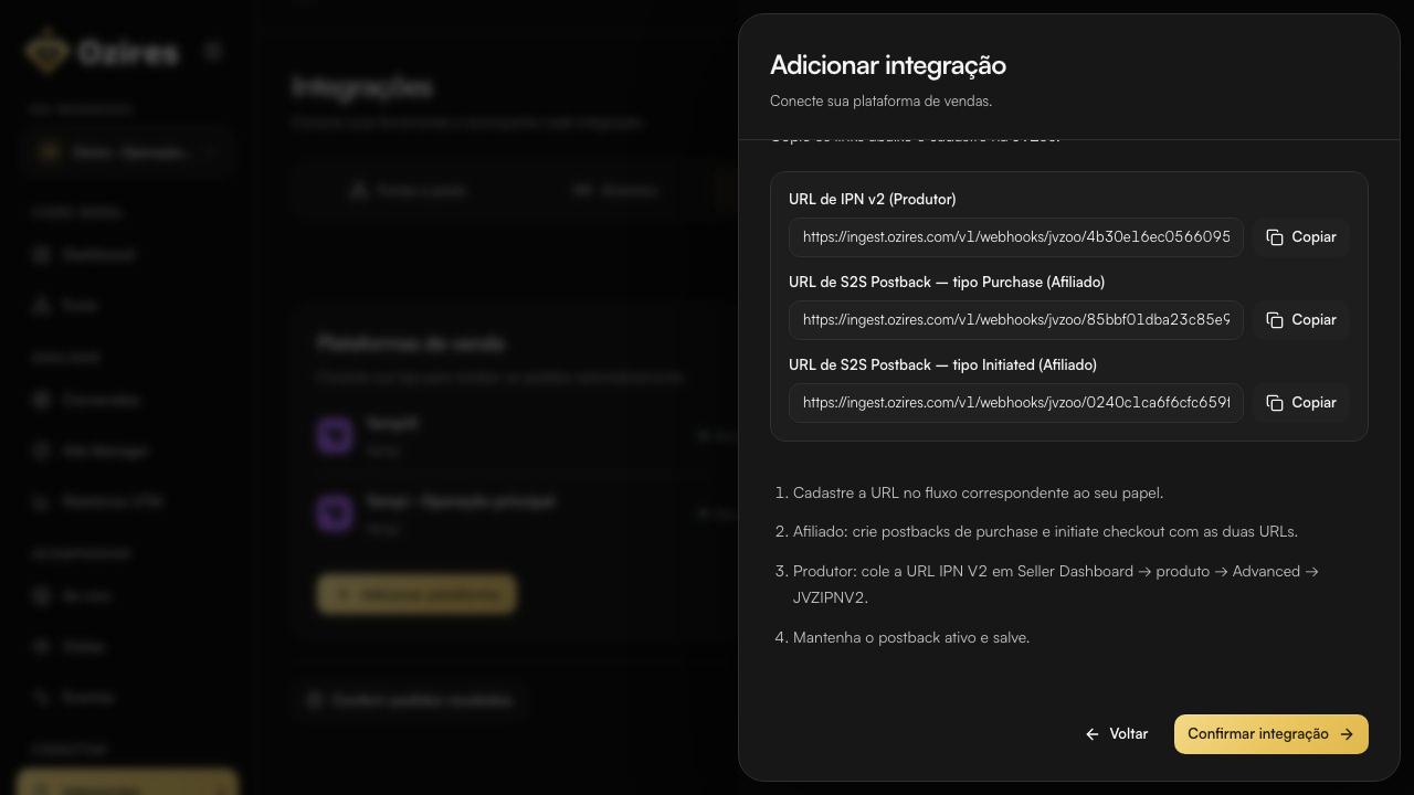 URLs de afiliado Purchase, afiliado Initiate Checkout e produtor IPN V2 no Ozires