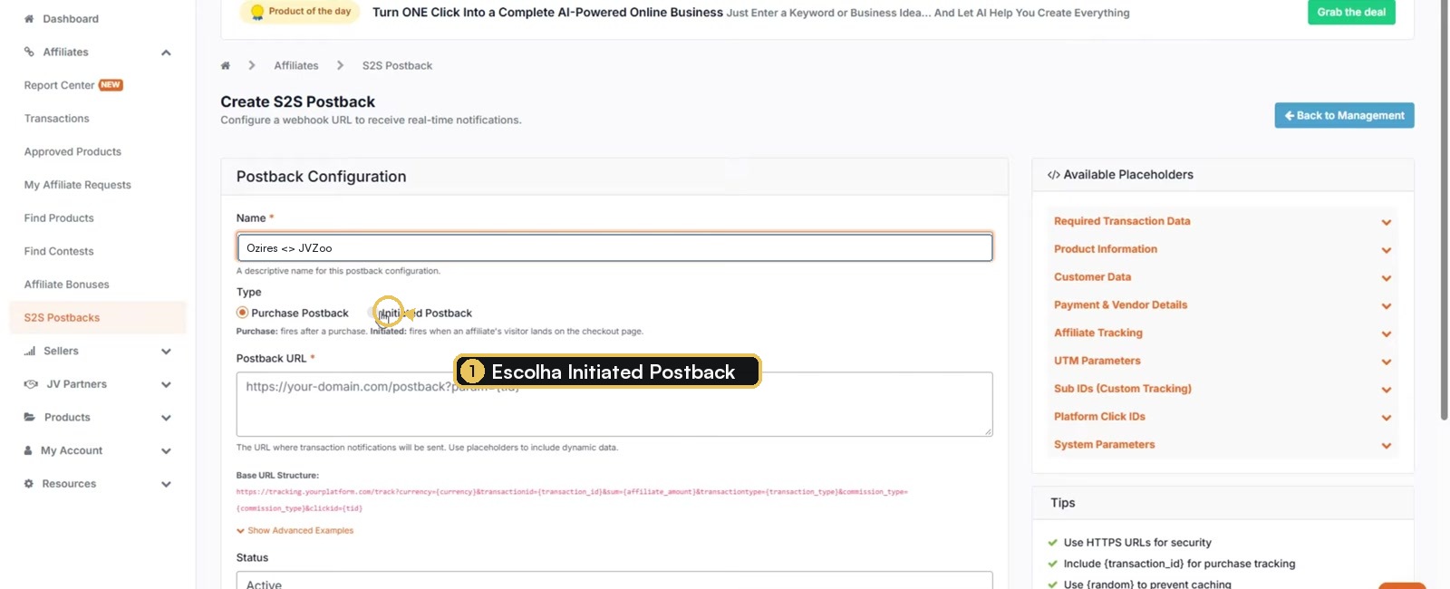Formulário de postback da JVZoo com a opção Initiated Postback destacada