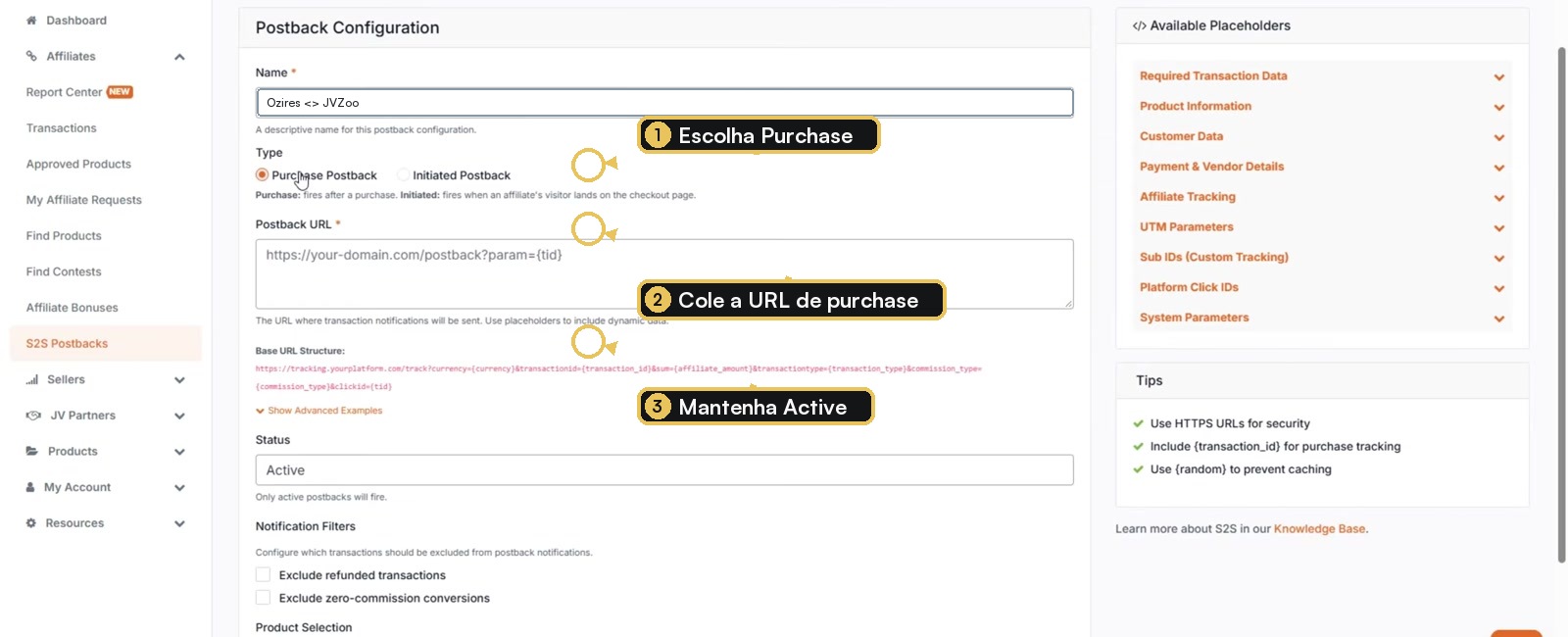 Formulário de Purchase Postback da JVZoo com URL e status ativo