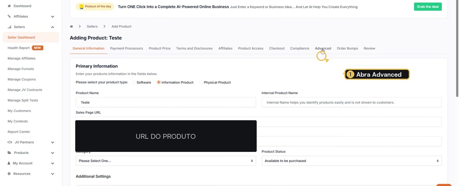 Produto da JVZoo com a aba Advanced destacada