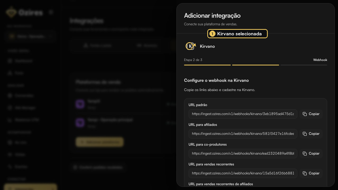 Configuração da Kirvano aberta no Ozires