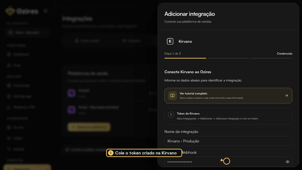 Formulário Kirvano no Ozires com o campo Token do Webhook destacado