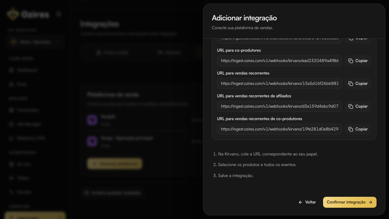 URLs de produtor, afiliado, coprodutor e recorrência geradas pelo Ozires para a Kirvano