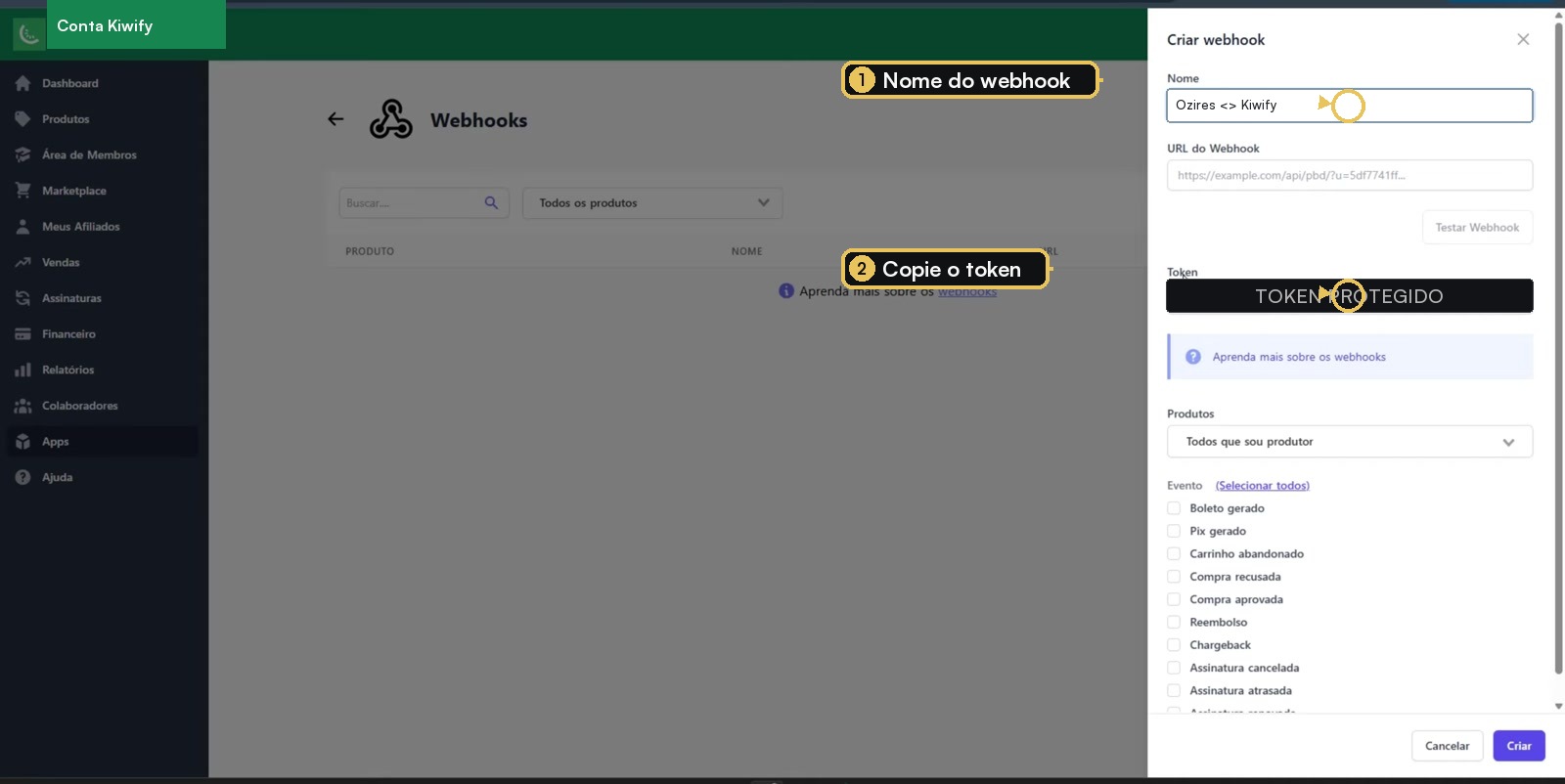 Painel Criar webhook da Kiwify com nome, URL e token destacados