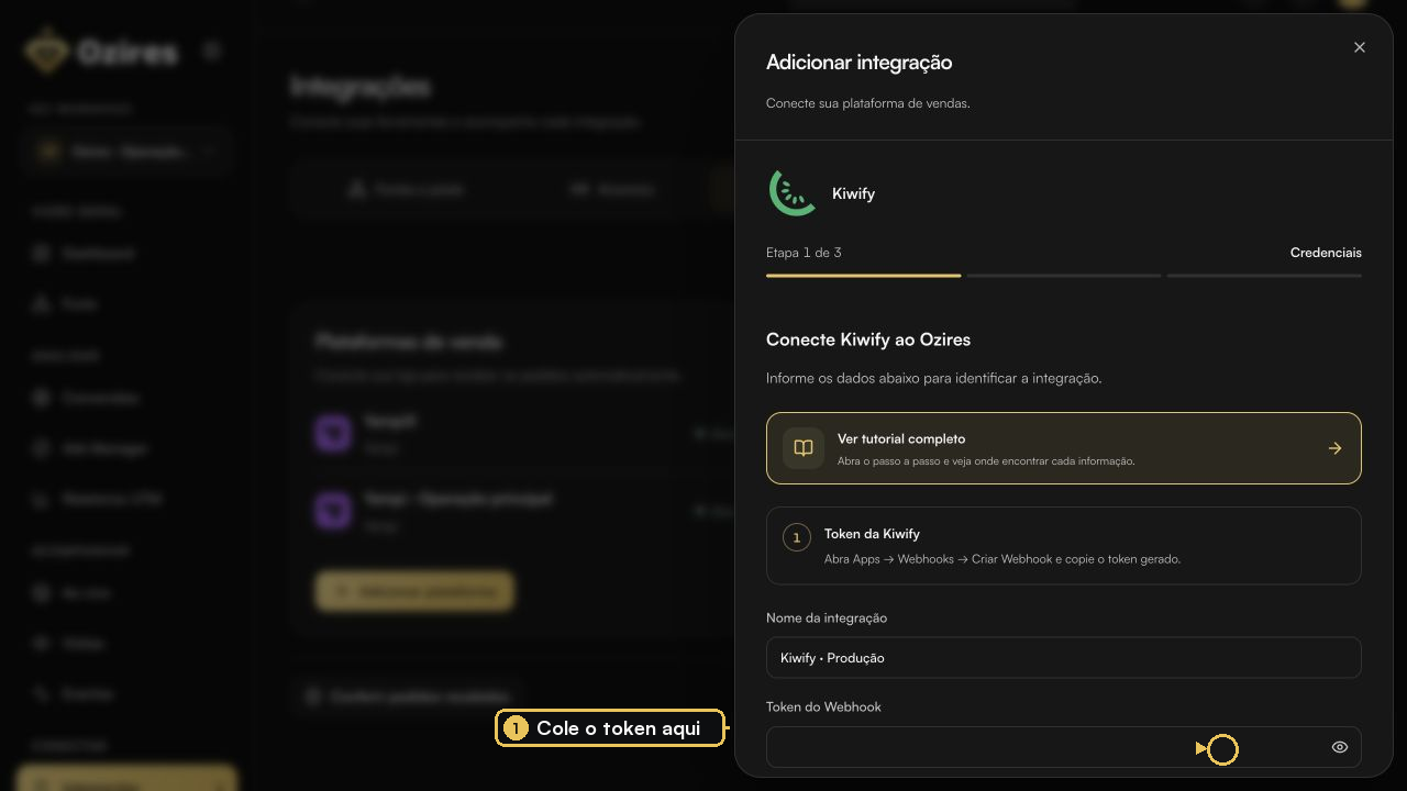 Formulário da Kiwify no Ozires com o campo Token do Webhook destacado