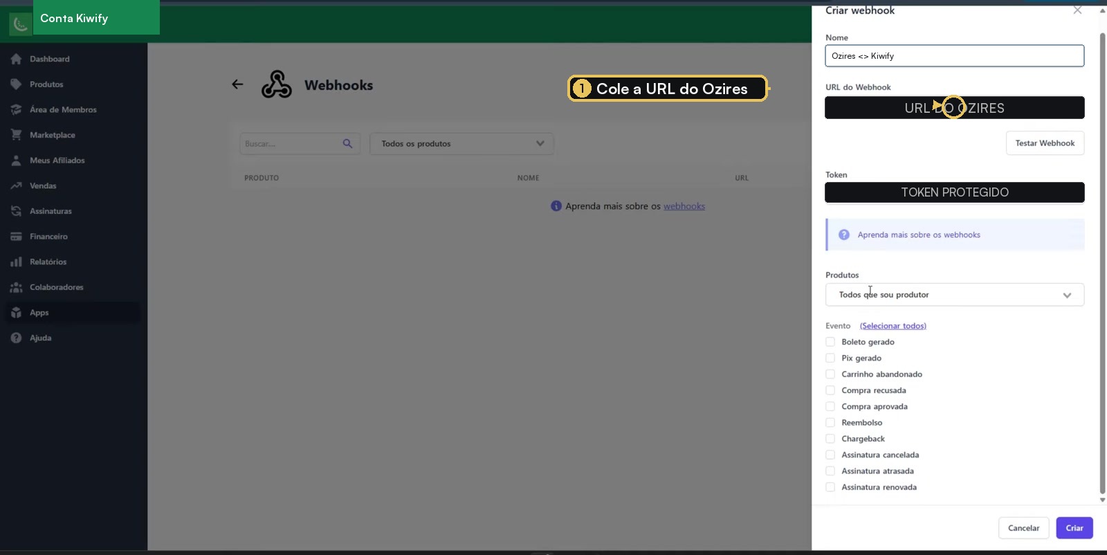 Painel da Kiwify com o campo URL do Webhook destacado