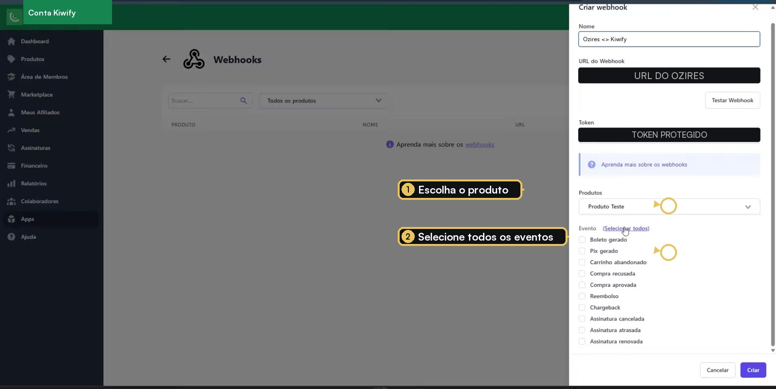 Seleção de produto e eventos no webhook da Kiwify