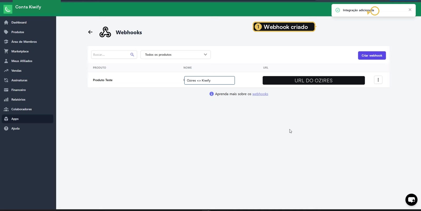 Webhook criado na Kiwify com mensagem de sucesso