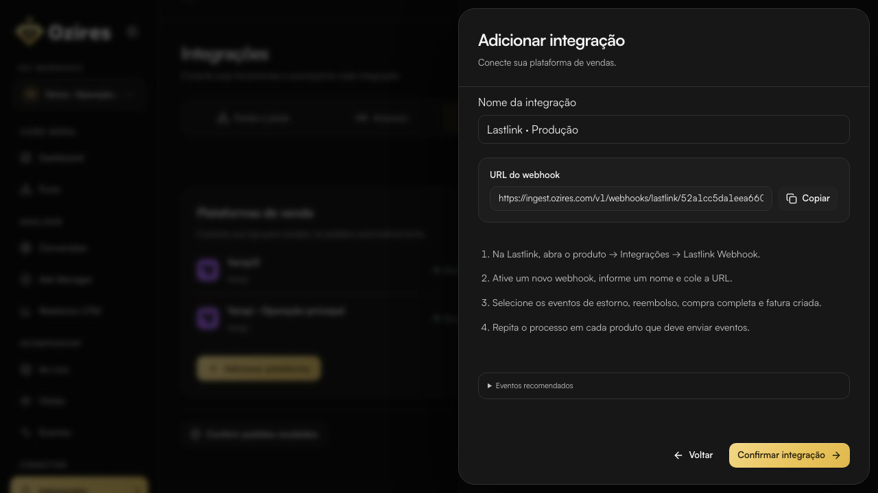URL do webhook da Lastlink no Ozires com o botão Copiar
