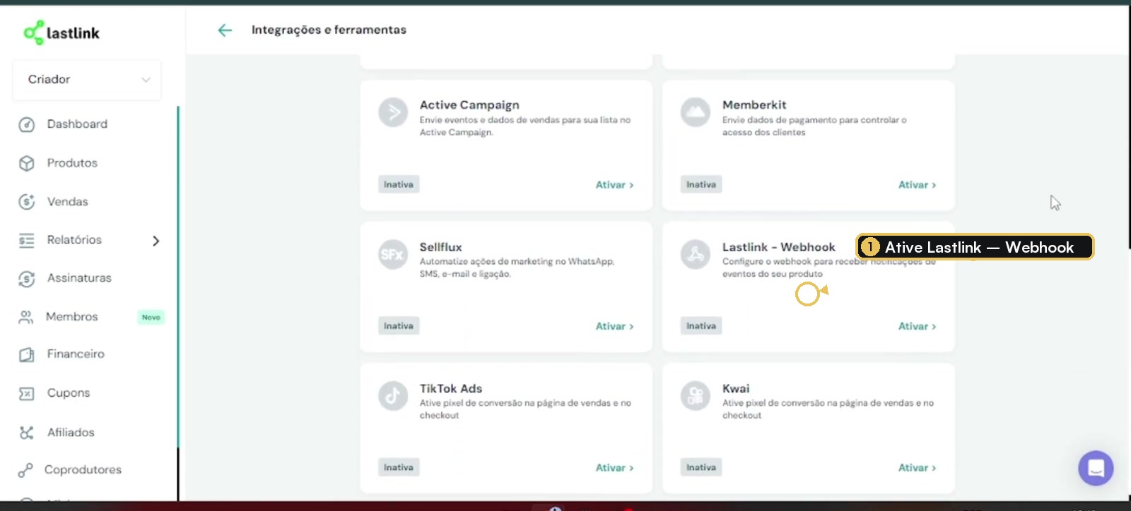 Integrações e ferramentas da Lastlink com Lastlink Webhook destacado