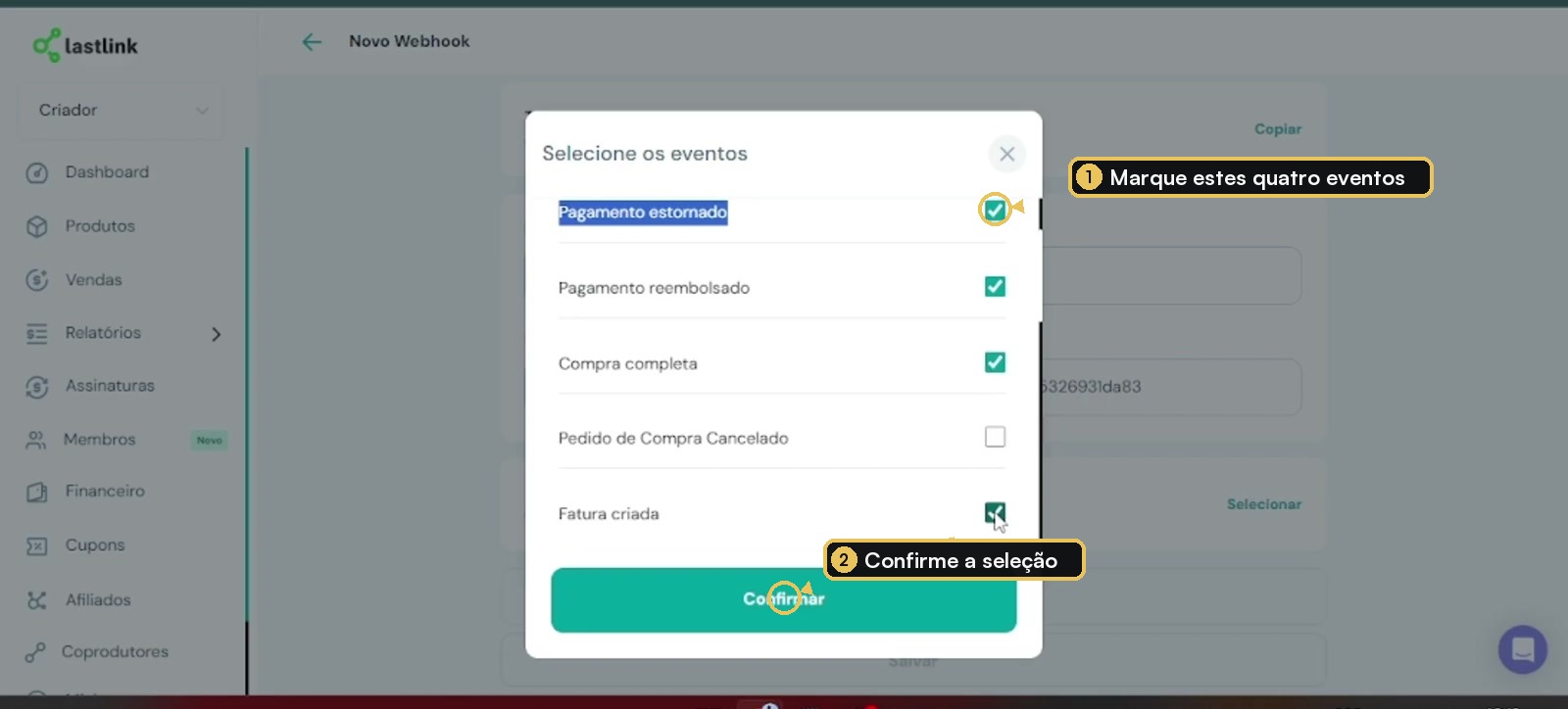 Modal de eventos da Lastlink com os quatro eventos selecionados