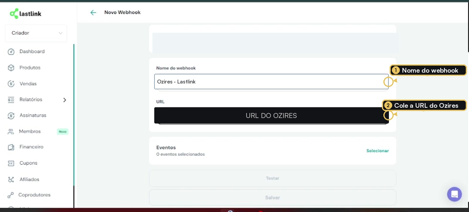 Formulário Novo Webhook da Lastlink com nome e URL destacados