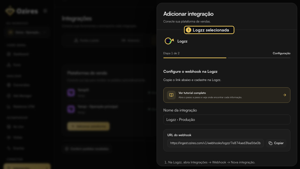 Configuração da Logzz aberta no Ozires