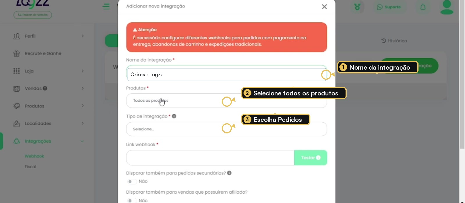 Formulário de nova integração da Logzz com nome, produtos, tipo e URL