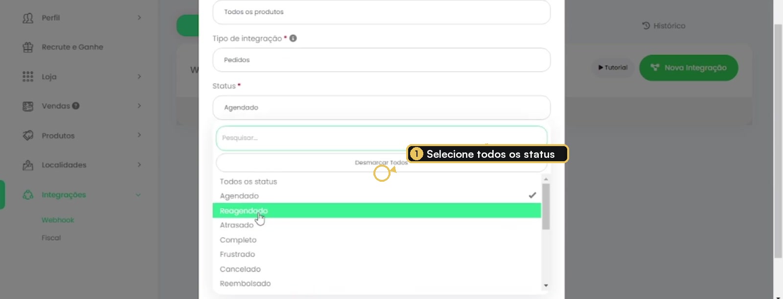 Seleção de status da integração Logzz