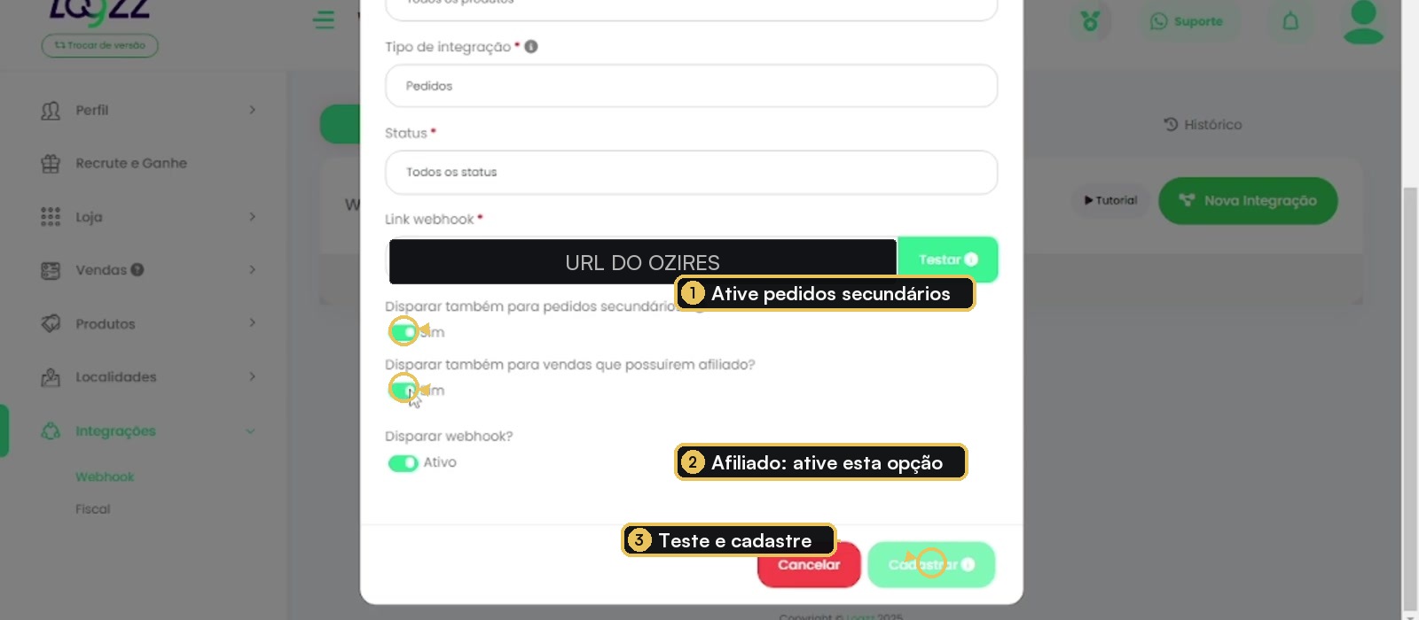 Configuração final do webhook Logzz com opções de disparo ativas