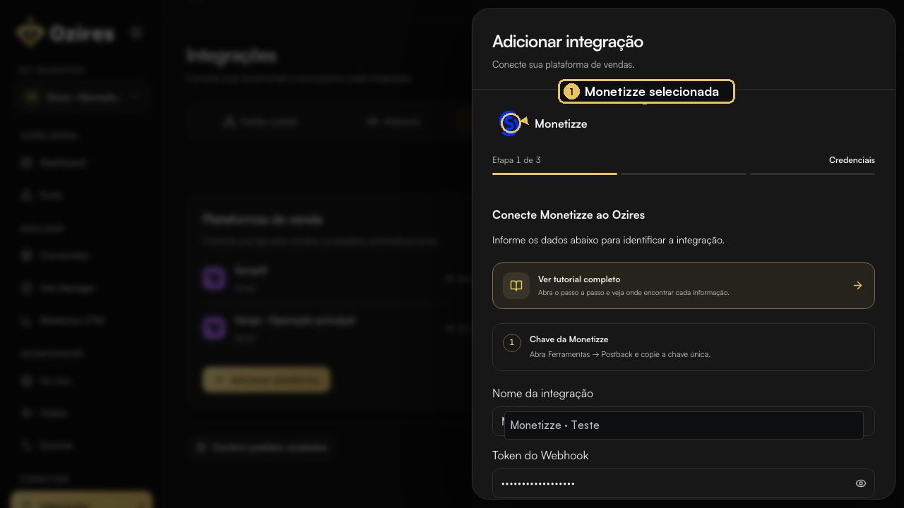 Integração Monetizze aberta no Ozires