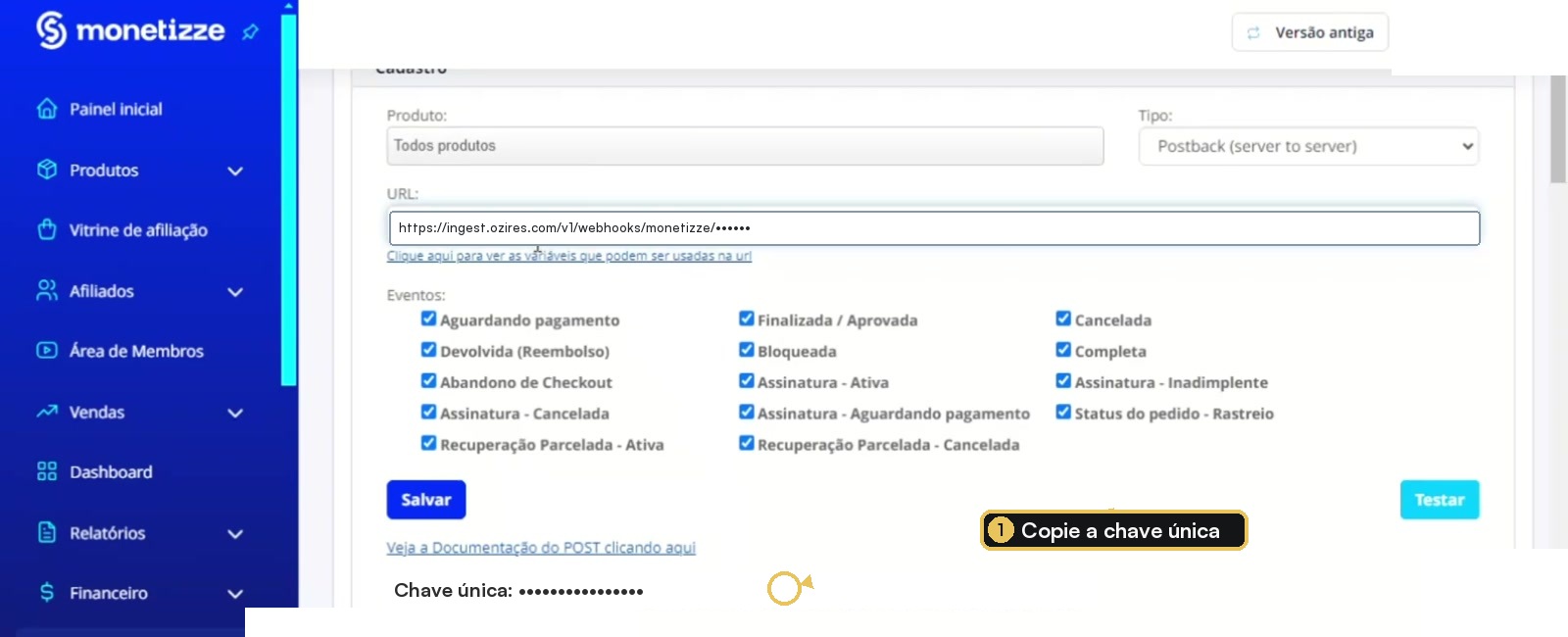 Configuração de Postback da Monetizze com a chave única