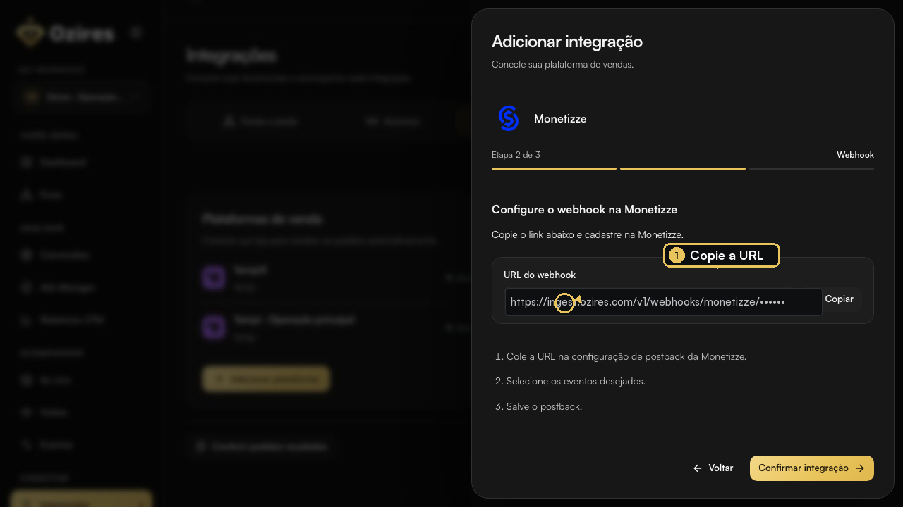 URL do webhook Monetizze no Ozires