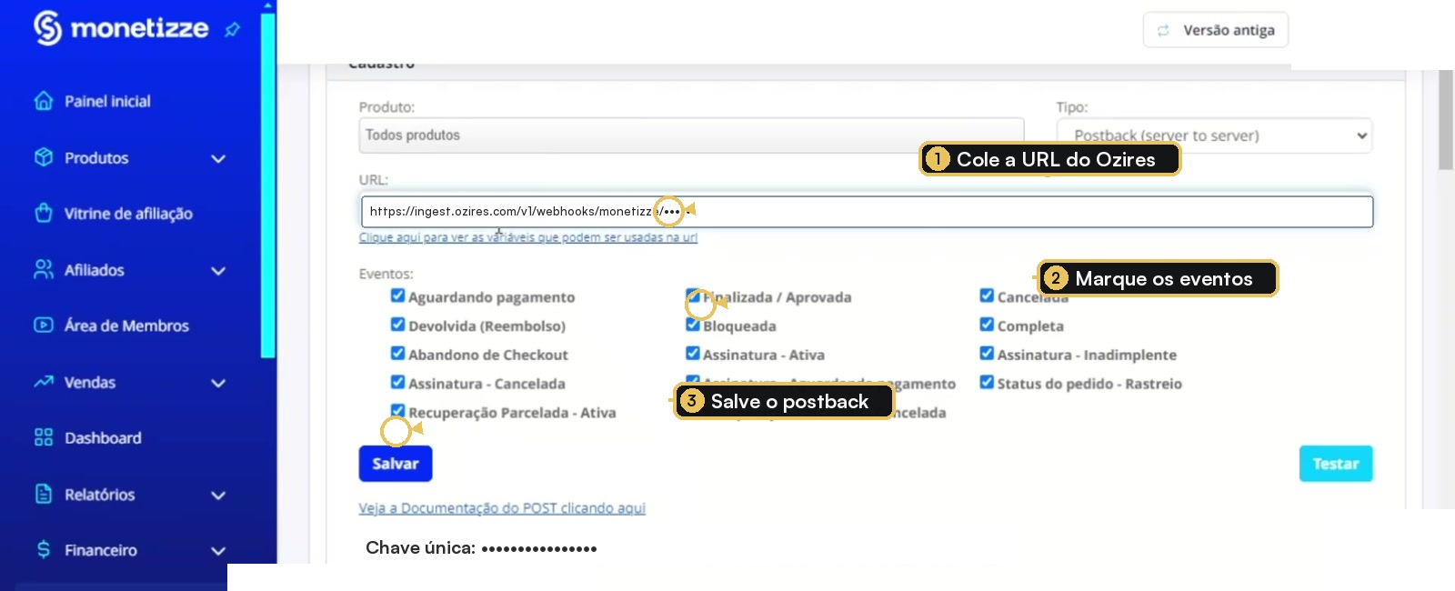 Postback da Monetizze preenchido com URL e eventos selecionados