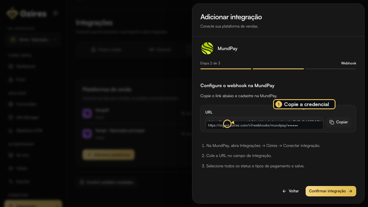 URL do webhook MundPay exibida no Ozires