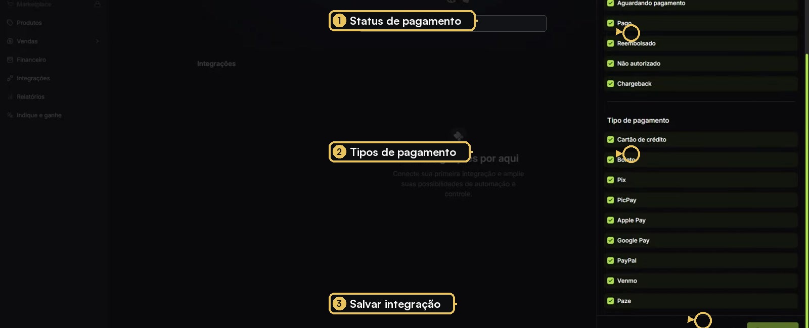 Status de pagamento e tipos de pagamento selecionados na MundPay