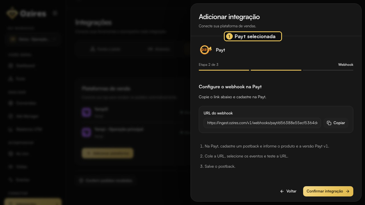 Configuração da Payt aberta no Ozires