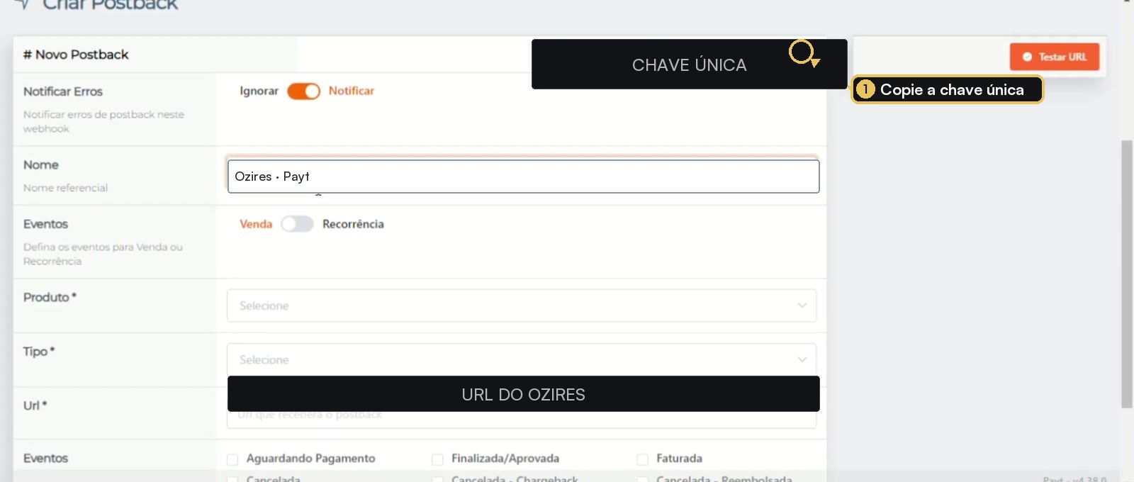 Formulário de postback da Payt com a chave única protegida e destacada