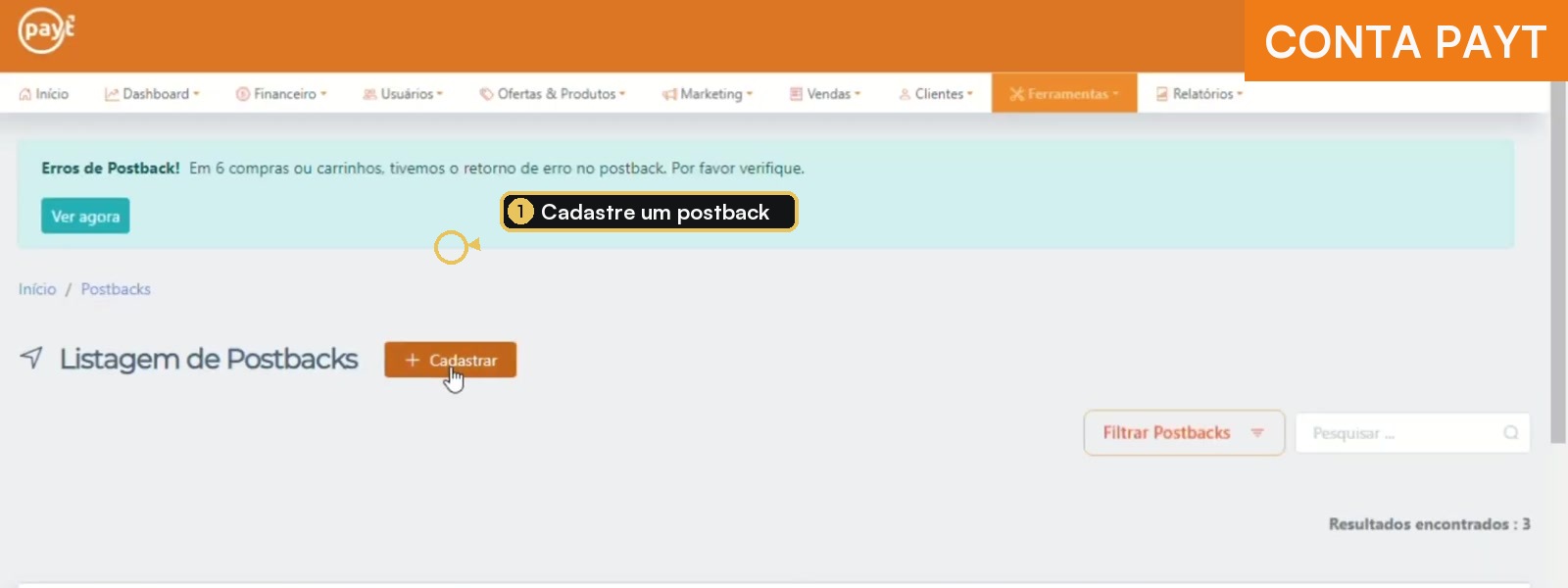 Listagem de postbacks da Payt com o botão Cadastrar destacado