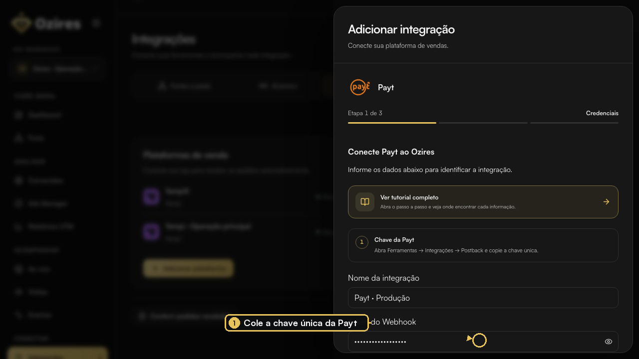 Formulário Payt no Ozires com o campo Token do Webhook destacado