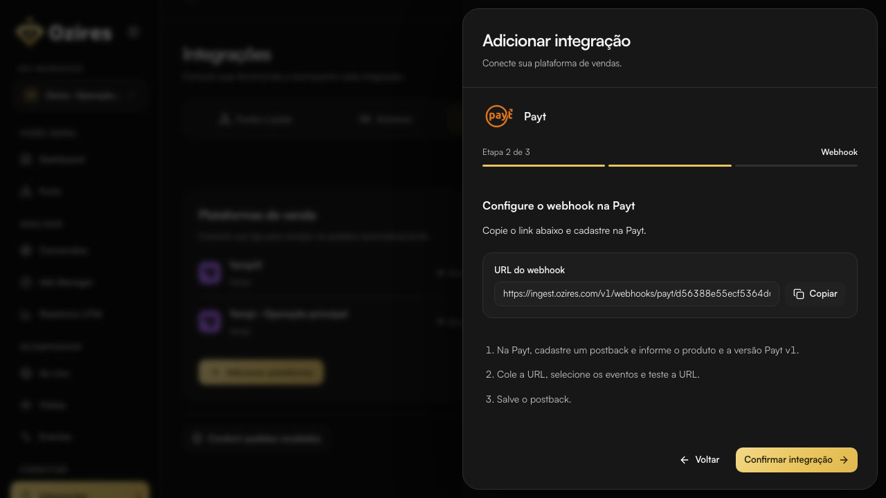 URL do postback Payt no Ozires com o botão Copiar