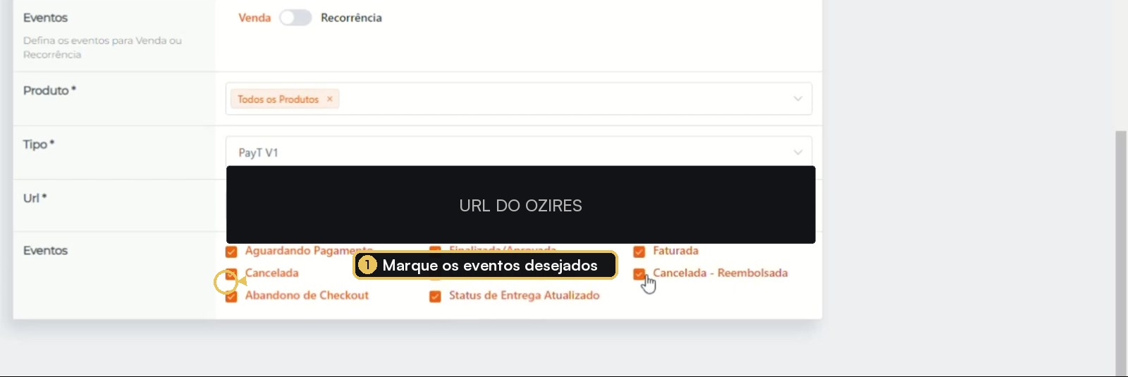 Eventos do postback Payt com as opções desejadas marcadas