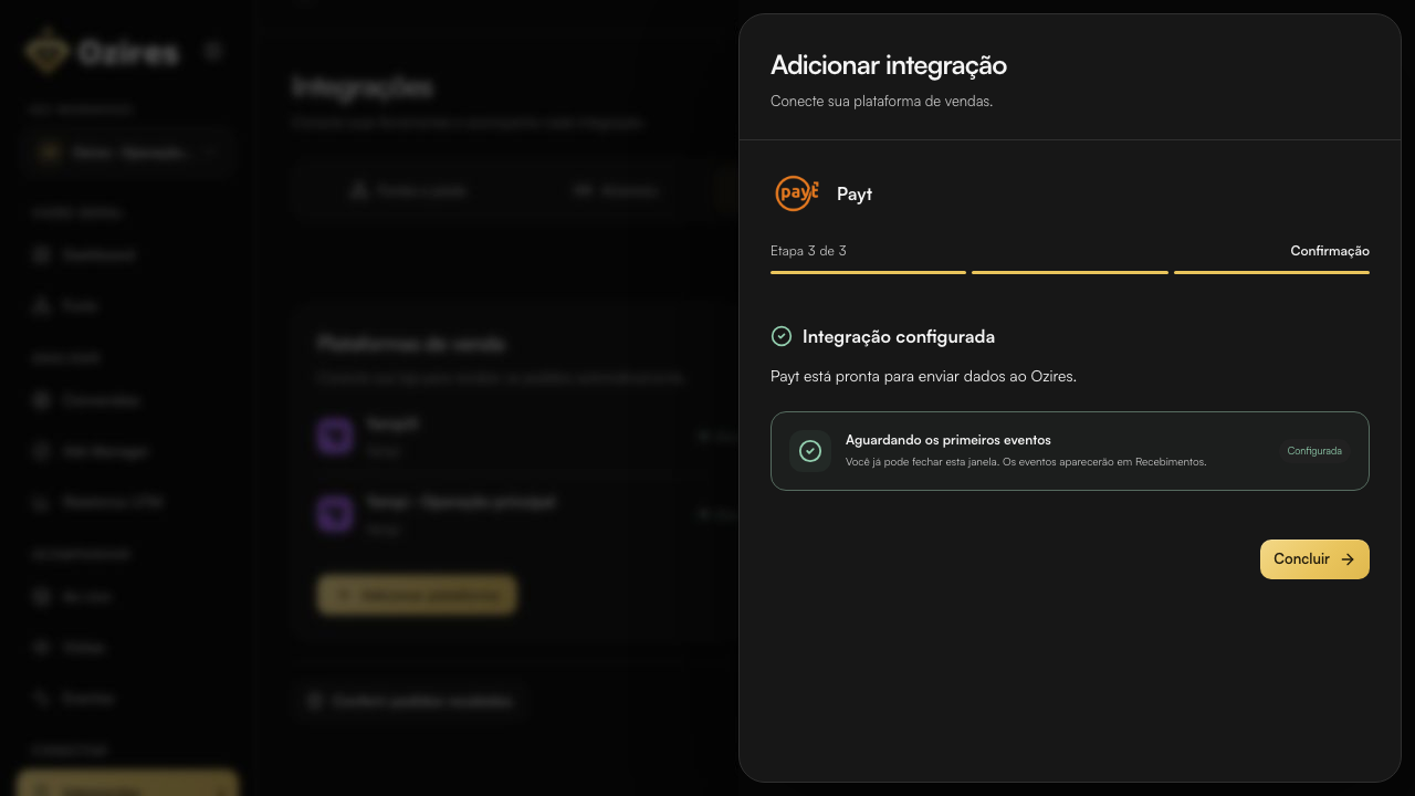 Tela final do Ozires com Integração configurada e Aguardando os primeiros eventos