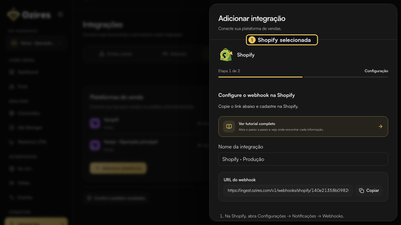 Configuração da Shopify aberta no Ozires