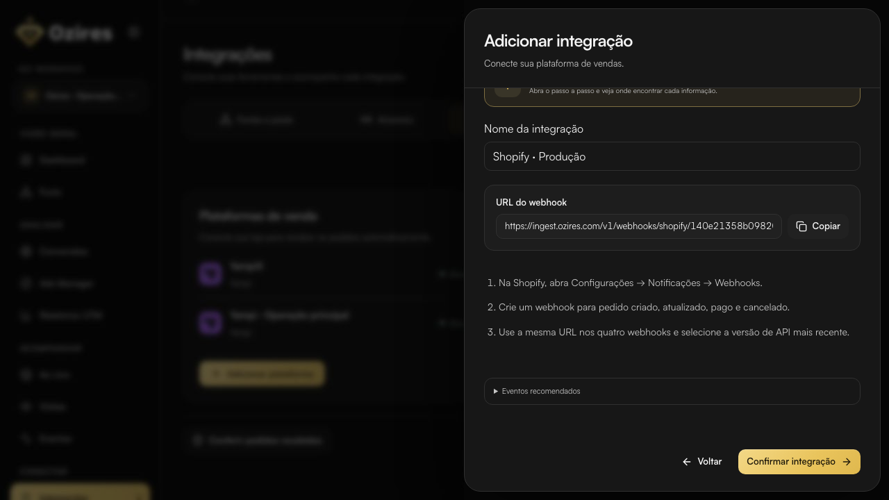 URL do webhook da Shopify no Ozires com o botão Copiar