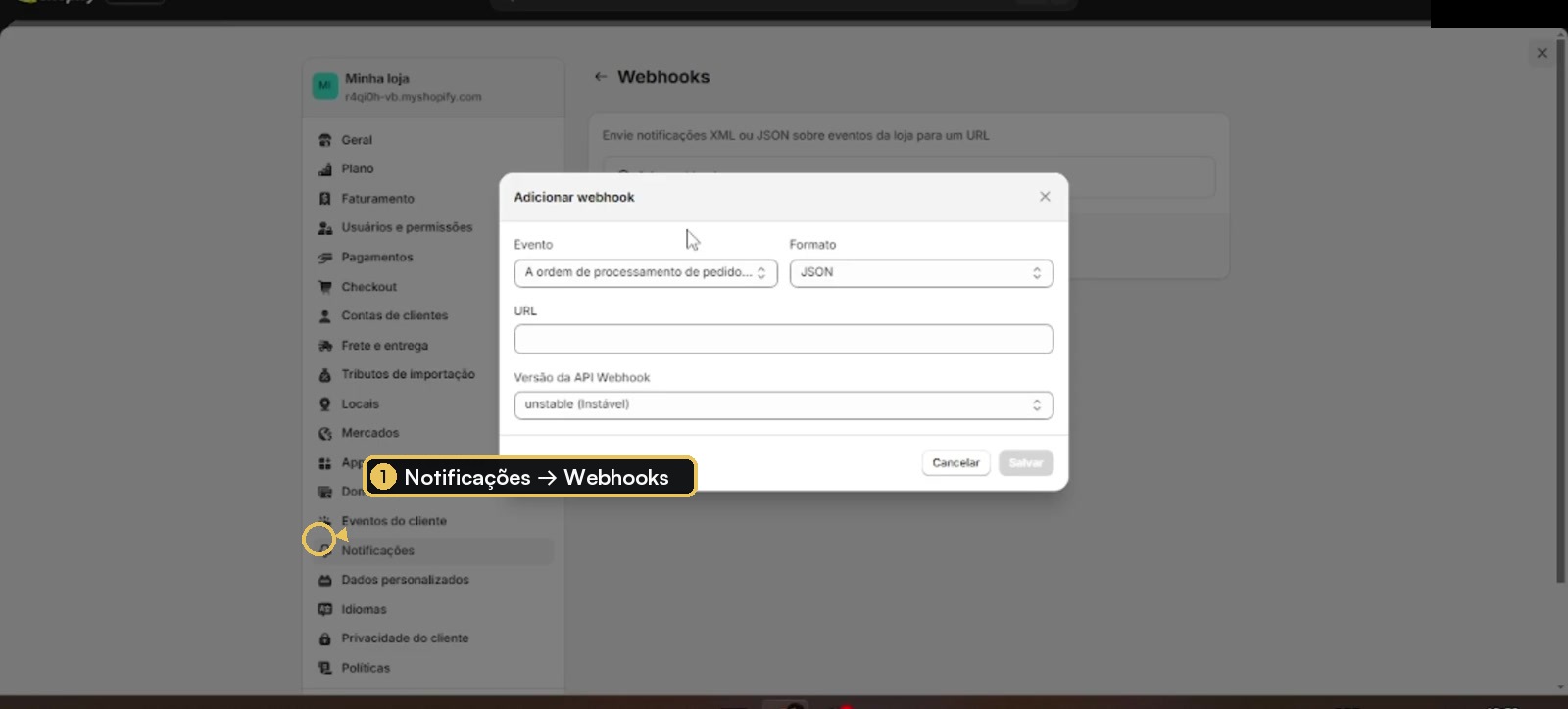 Configurações de notificações da Shopify com Webhooks aberto