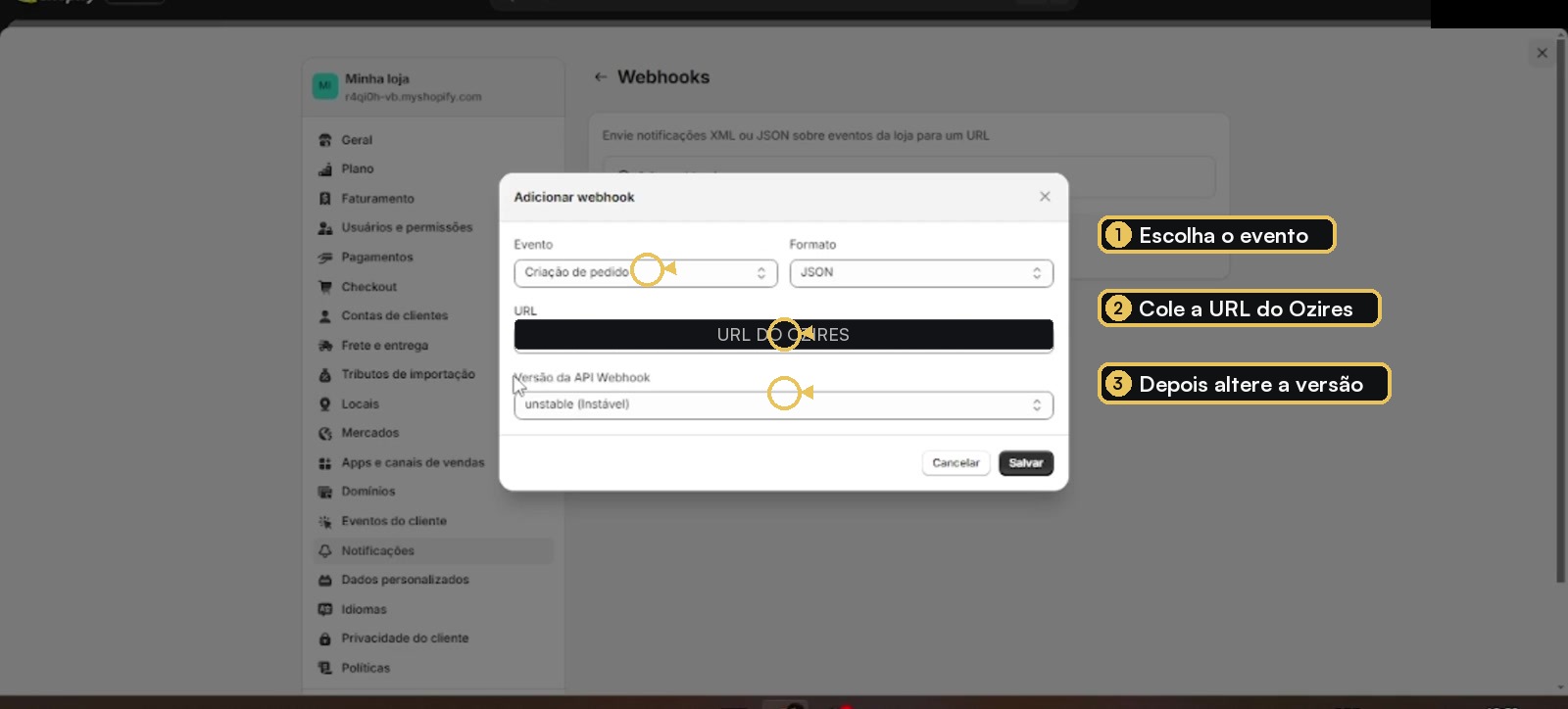 Formulário de webhook da Shopify com evento e URL destacados