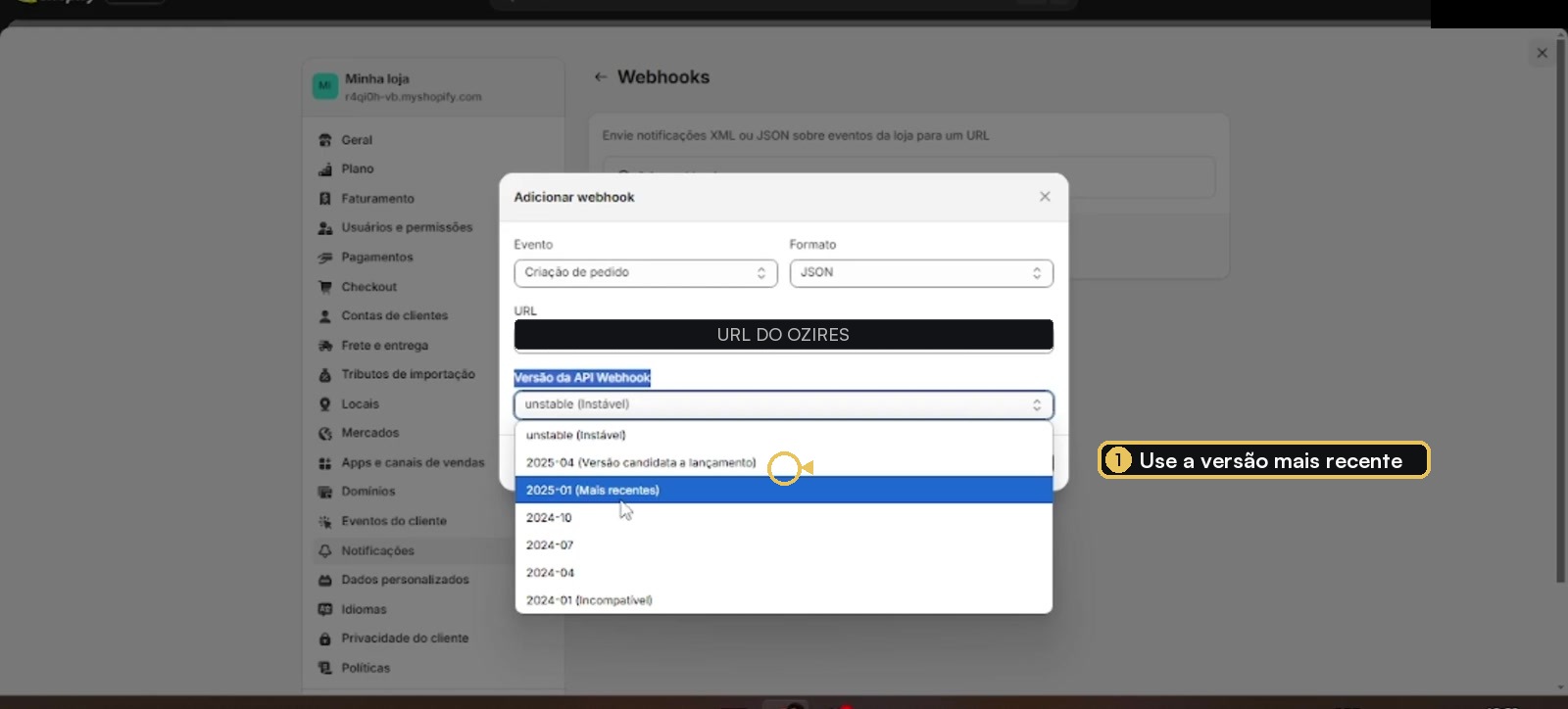 Lista de versões da API da Shopify com a versão mais recente destacada