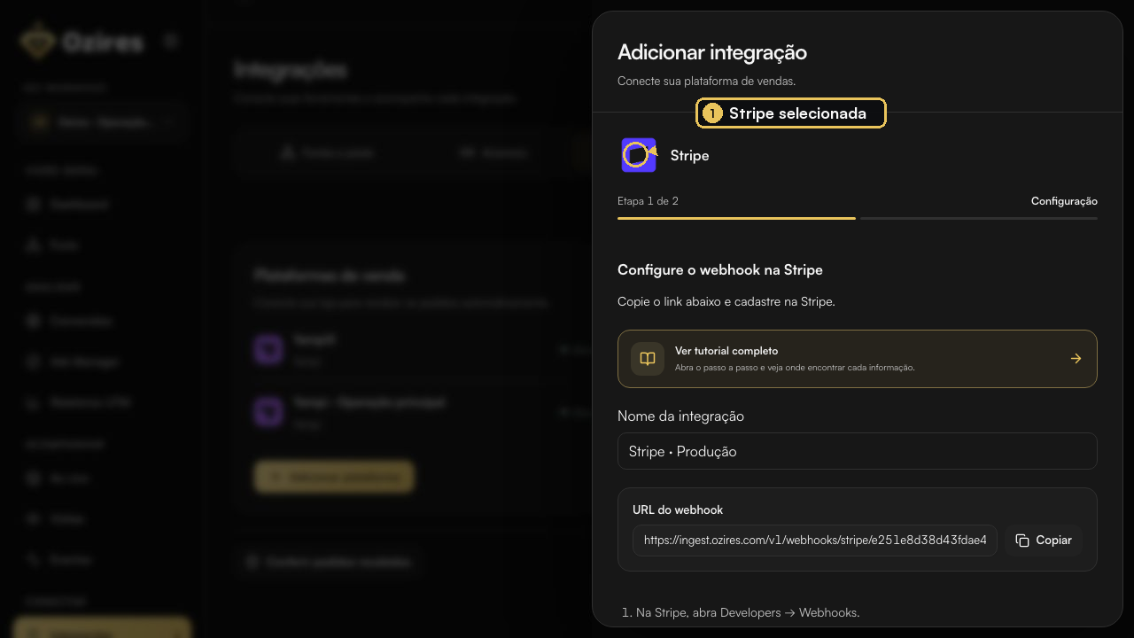 Configuração da Stripe aberta no Ozires