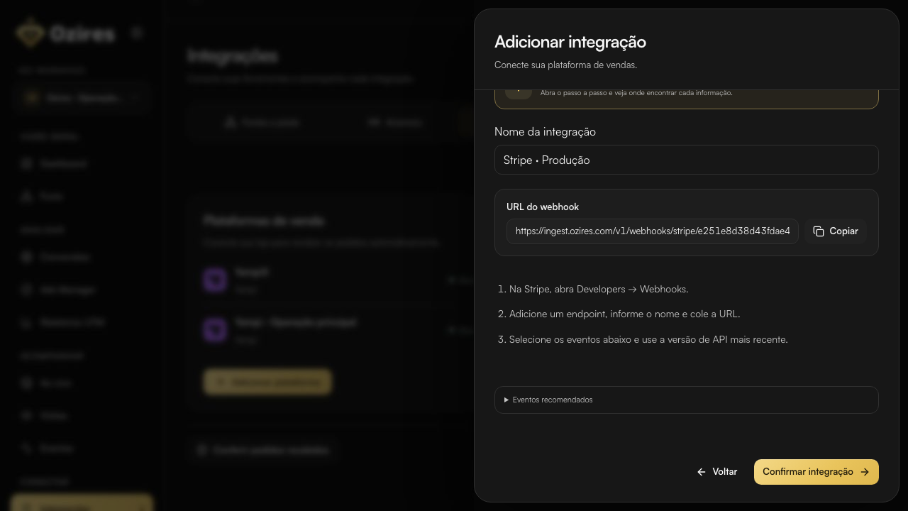 URL do endpoint Stripe no Ozires com o botão Copiar