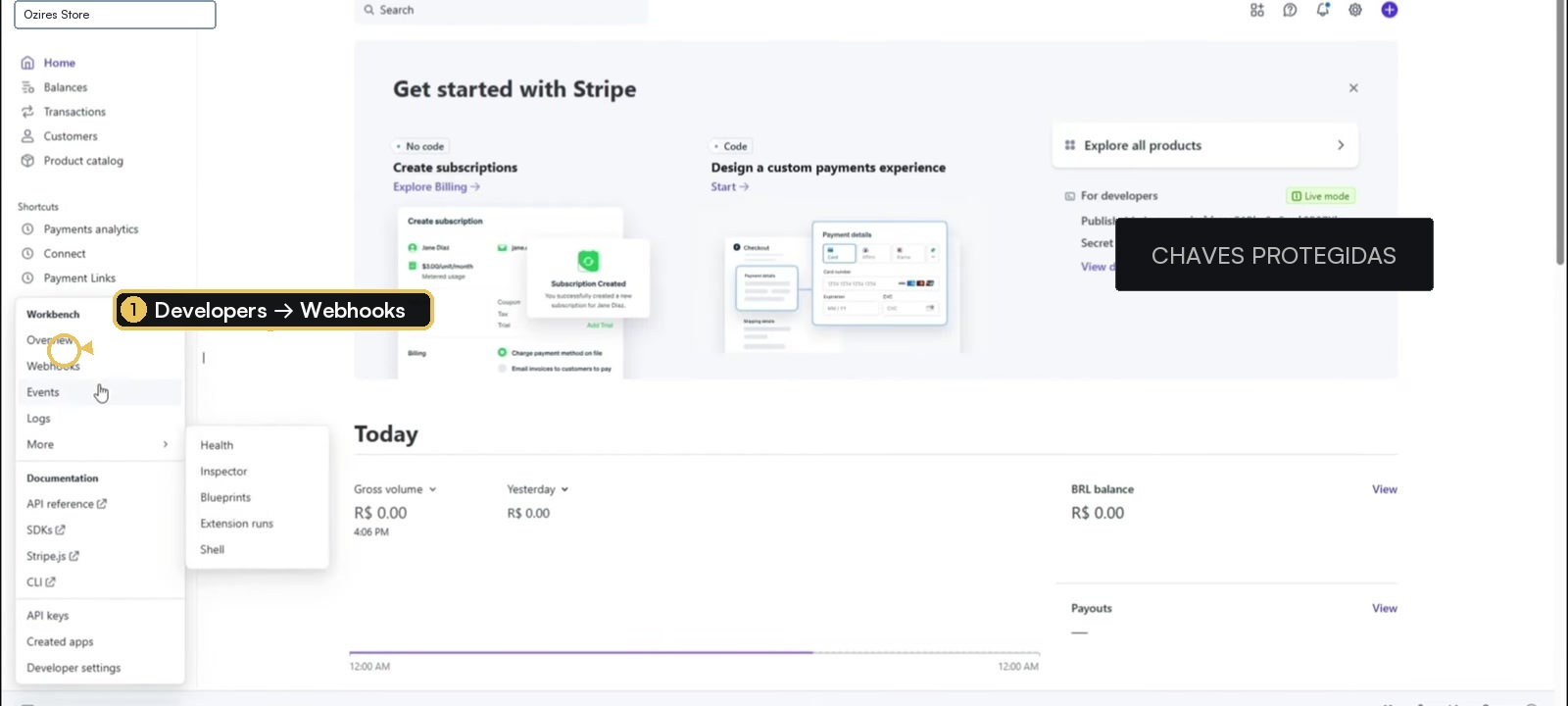 Painel Developers da Stripe com Webhooks destacado