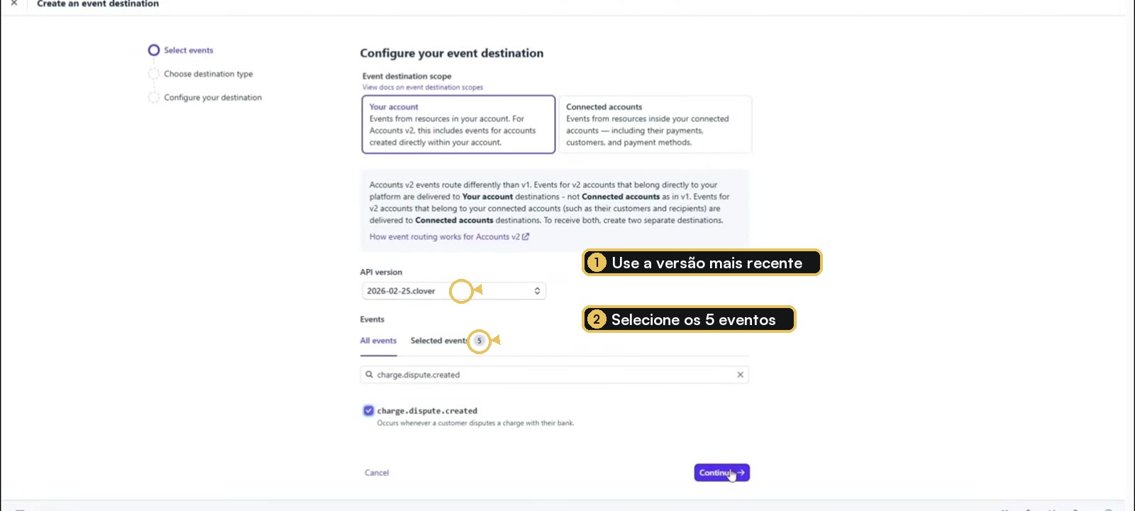 Event destination da Stripe com versão da API e cinco eventos selecionados