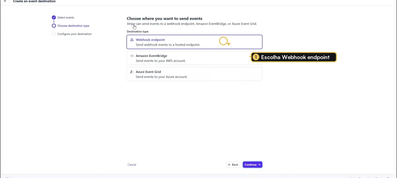 Tipos de destino da Stripe com Webhook endpoint selecionado